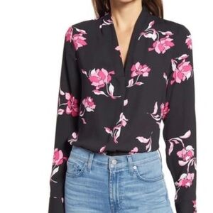 Halogen V-neck Top In Black- Pink Morgana Floral Womens Button Down Shirt Size